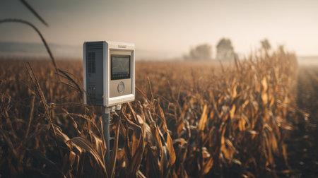 A weather station stands tall in a corn field, capturing vital environmental data during a serene early morning, shrouded in fog and light.の素材