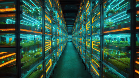 This image showcases a cutting-edge indoor vertical farm featuring vibrant neon lights and advanced hydroponic systems designed for sustainable agriculture.の素材