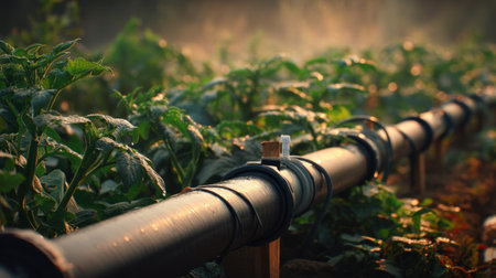Close-up view of a modern watering system in a vibrant green field, showcasing healthy plants basking in soft morning sunlight, emphasizing efficient farming practices.の素材