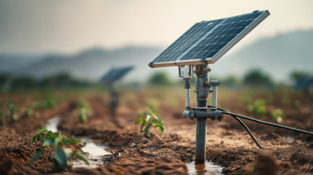 A close-up view of solar panels installed on a farming field, showcasing young plants and an irrigation system under soft natural light, surrounded by mountains.の素材