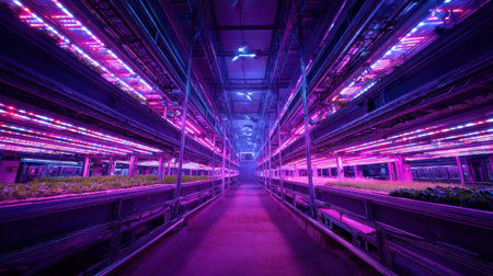 This striking image showcases a futuristic indoor vertical farm illuminated by vibrant neon lights, emphasizing advanced hydroponic systems for efficient plant growth.の素材
