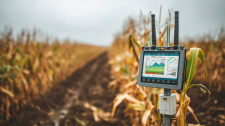 High-tech monitor placed in a cornfield, showcasing data analytics for crop management and environmental monitoring under overcast sky.の素材