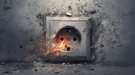 A striking image of an electrical outlet on a wall, showcasing dramatic sparks and smoke effects amidst crumbling concrete and dust.の素材