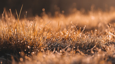 A stunning close-up view of morning dew drops resting on grass blades in a serene field, capturing the beauty of nature's delicate details.の素材