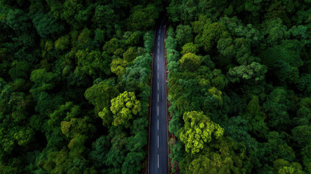 Explore a stunning aerial view showcasing a winding road nestled among a vibrant green forest, symbolizing adventure and tranquility in nature.の素材