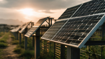 A serene landscape showcasing solar panels installed in a green field, illuminated by the warm glow of a sunset, highlighting sustainable energy solutions.の素材
