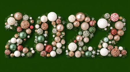 This vibrant arrangement features various ornaments and decorations symbolizing the year 2022, evoking holiday cheer and celebration.の素材