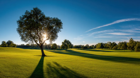 A breathtaking view of a golf course featuring a large tree casting long shadows on the lush green grass under a clear blue sky.の素材