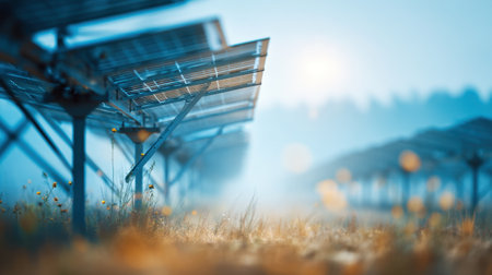 Captivating view of solar panels positioned in an open field, capturing the morning light. The soft focus highlights the beauty of renewable energy and nature, emphasizing sustainability in a serene environment.の素材