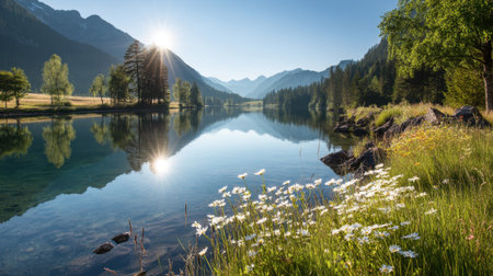 This beautiful image captures a serene mountain lake reflecting the surrounding peaks, complemented by vibrant wildflowers in the foreground.の素材