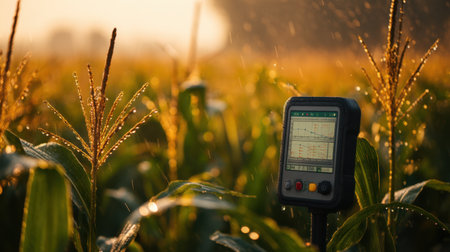 A digital display device stands amid a lush corn field during sunrise, showcasing water drops on plants, symbolizing innovative agricultural practices.の素材