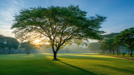 A captivating view of a large tree basking in the warm glow of the sunrise, set against a freshly mowed green lawn in a peaceful park.の素材