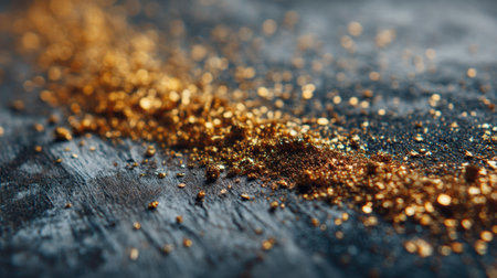 A close-up view of shimmering golden glitter scattered on a textured dark surface, capturing the beauty and elegance of light reflections. Perfect for creative projects.の素材