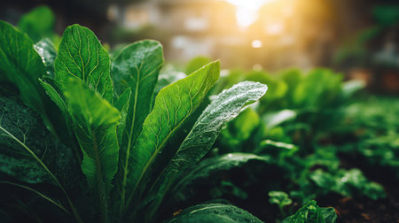 Lush green leafy vegetables glisten with dew droplets under warm sunlight. This captures the vitality and freshness of outdoor gardening.の素材