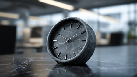 A stylish minimalist clock placed on a sleek marble desk in a modern office. The soft lighting enhances its elegant design, creating a tranquil atmosphere.の素材