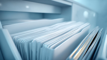 A close-up image of a neatly organized file drawer showcasing folders filled with documents, perfect for illustrating office efficiency and management.の素材
