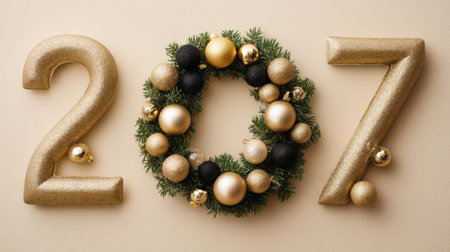 Celebrate the New Year with a stylish gold wreath and the number 207, perfect for festive decorations and joyful celebrations.の素材
