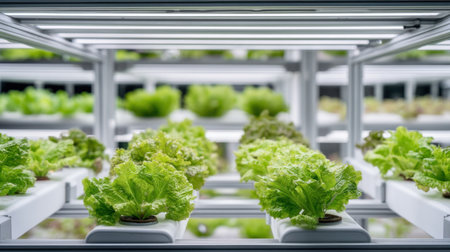This image showcases a vibrant hydroponic farm filled with fresh green lettuce, thriving under bright LED lights, symbolizing sustainable agriculture.の素材