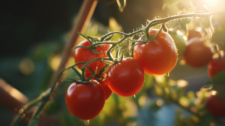 A close-up view of fresh cherry tomatoes hanging on the vine, illuminated by warm sunlight. Perfect for culinary and gardening themes.の素材