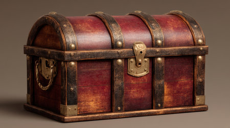This vintage wooden treasure chest features intricate metal straps and a stylish latch. It's perfect for decor, storage, or as a unique retro prop.の素材