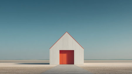 This serene image features a minimalist house with a vibrant red door set against a sandy landscape and endless blue sky, evoking calmness and simplicity.の素材