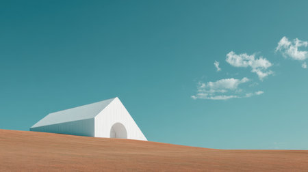 A striking modern white building stands on a gentle hill, contrasting against a clear blue sky, evoking a sense of tranquility and harmony.の素材