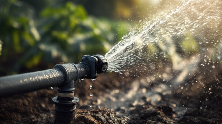 A close-up view of water spraying from an irrigation pipe in an agricultural field, showcasing modern farming techniques and efficient water use.の素材
