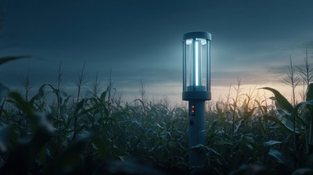 A striking modern LED light stands alone in a lush cornfield at dusk, casting a soft glow amidst the tranquil rural landscape, evoking a serene atmosphere.の素材