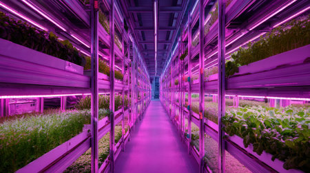A stunning view of an indoor hydroponic garden illuminated by vibrant neon lights, showing rows of fresh green plants thriving in shelving units.の素材