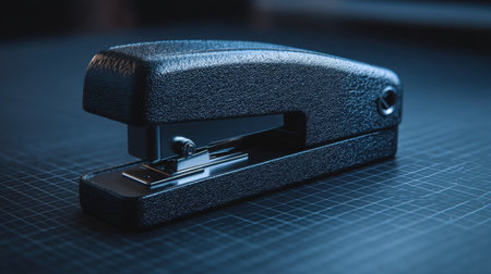 A solitary black stapler sits on a dark surface featuring a fine grid pattern, emphasizing its essential role in office tasks and organization.の素材