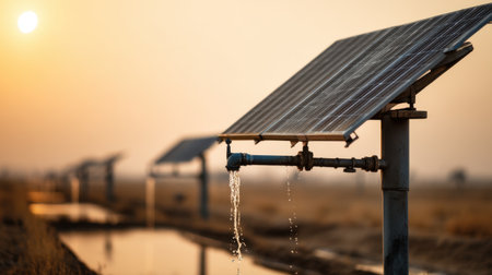 A tranquil scene showcasing solar panels next to a water channel in an agricultural landscape during sunset, highlighting sustainable energy solutions for farming.の素材
