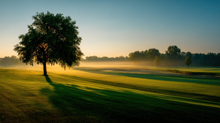Experience the tranquility of a morning landscape featuring a lone tree surrounded by mist and soft sunlight over a lush green field.の素材
