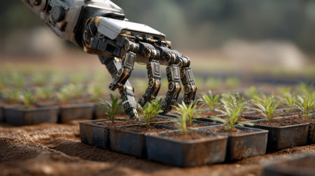 A robotic hand gently nurtures young plants in a sustainable farming setup, symbolizing the integration of technology and agriculture for future growth.の素材