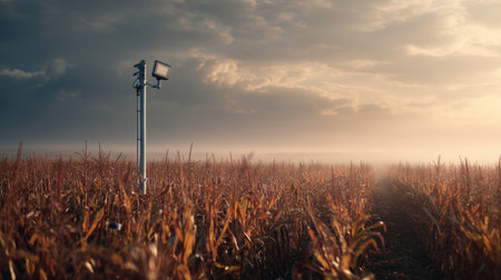 A tranquil scene of a cornfield at sunset, featuring a light post rising above the misty landscape, surrounded by a serene and cloudy sky.の素材