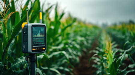 A state-of-the-art agricultural monitor is positioned in a vibrant cornfield, showcasing real-time data and analysis for efficient farming practices.の素材