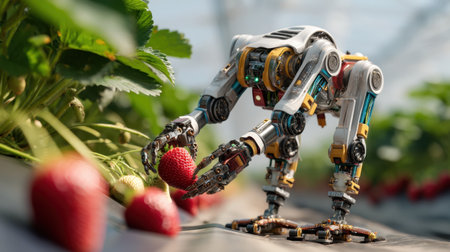 A robotic hand carefully harvests ripe strawberries in a modern greenhouse. The image highlights the intersection of technology and agriculture, showcasing innovative techniques that enhance efficiency in fruit harvesting while minimizing human labor.の素材