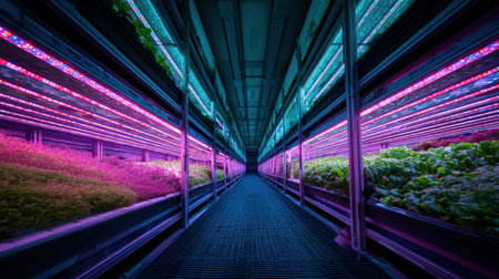 Explore the vibrant colors and innovative design of an indoor hydroponic farm showcasing colorful LED lights illuminating healthy leafy vegetables.の素材