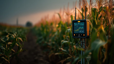 A digital display device used in precision farming stands among tall corn plants, showcasing data analysis against a backdrop of a sunset.の素材