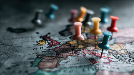A close-up view of a detailed map of Europe with various colorful push pins marking specific locations, perfect for travel planning and exploration.の素材