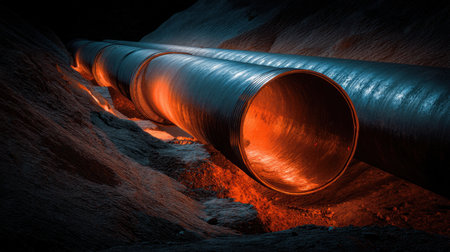 A dramatic photo of a large industrial pipe illuminated by an orange glow, set against rocky terrain, creating an intriguing and mysterious ambiance.の素材