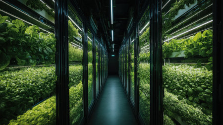 Discover a vibrant indoor farming space featuring lush green plants in a modern hydroponic system lit by striking neon lights. A perfect blend of technology and nature for sustainable agriculture.の素材