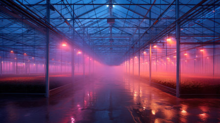 A captivating greenhouse interior illuminated by colorful lights, creating a mesmerizing atmosphere filled with mist and reflections.の素材