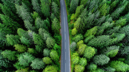 This breathtaking aerial image captures a winding road surrounded by lush green trees, symbolizing adventure and tranquility in nature.の素材