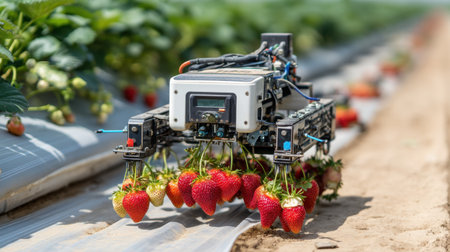 A cutting-edge agricultural robot operates in a strawberry field, meticulously harvesting ripe berries. This automation enhances farming efficiency and productivity.の素材