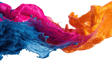 A mesmerizing display of vibrant pink, blue, and orange liquid splashes against a white background, showcasing dynamic motion and fluid elegance.の素材
