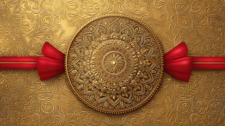 This stunning image features an elegant golden mandala art piece surrounded by a decorative red bow against an intricate patterned background. Perfect for festive and celebratory themes.の素材