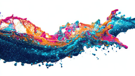 This stunning abstract image captures a vibrant splash of colorful liquid, showcasing dynamic movement and energy against a clean white background, perfect for artistic projects.の素材