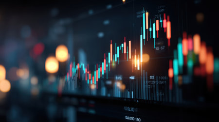 Explore a captivating abstract financial graph showcasing a colorful candlestick chart, illustrating market trends and stock movements in a modern, dark theme.の素材