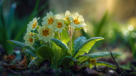 Captivating scene of yellow primrose flowers emerging from rich green leaves, beautifully illuminated by soft sunlight in a tranquil forest setting.の素材