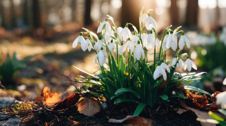 A cluster of delicate snowdrop flowers blossoms in early spring, bathed in soft sunlight, surrounded by fresh greenery in a serene forest environment.の素材